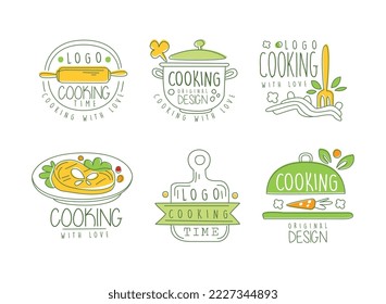 Cooking time logo design set. Hand drawn badges, labels for culinary class, food festival, shop, cafe, food studio vector illustration