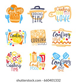 Cooking time logo design, set of colorful hand drawn vector illustrations