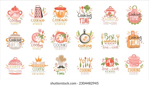 Cooking time logo dresign set. Cooking studio, farmers market, kitchen class, street festival badges, labels hand drawn vector illustration