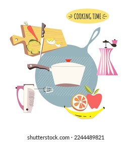 Cooking time poster. Cooking appliances and restaurant utensil and food background vector illustration in retro style.