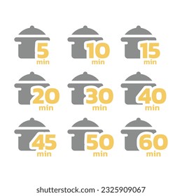 Cooking time and pot icon set. Cook for 5, 10 minutes vector icons.