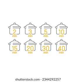 Juego de iconos de tiempo de cocción y línea de olla. Cocine para iconos vectoriales de 5, 2 minutos.