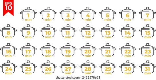 Cooking time and pot line icon set. Cook for 1, 2, 3, 4, 5, 6, 7 minutes. Flat design. Vector illustration