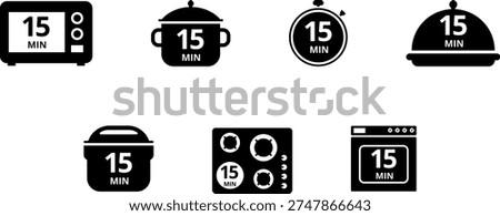 Cooking time and pot, oven, multicooker, microwave, stove, baking dish, saucepan and timer icon set. Cook for 1, 2, 5, 10, 15, 20, 25, 30, 40, 45, 50, 60 minutes vector icon.