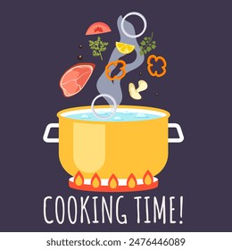 Cooking time recipe soup dish logo concept. Vector flat graphic design illustration
