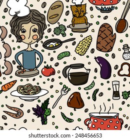 Cooking Time Seamless Pattern with Hand Drawn Cartoon Food and Characters