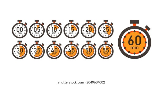 Tiempo de cocción, juego de iconos de contador de tiempo de 5 minutos a 1 hora. Ilustración del vector de reloj de cronómetro de Stopwatch Fondo blanco aislado