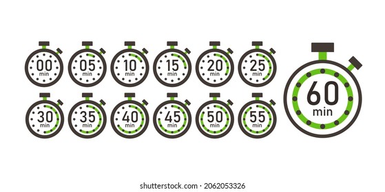 Cooking time, set of time counter icons from 5 minutes to 1 hour. Stopwatch Timer Clock Vector Illustration Isolated White Background