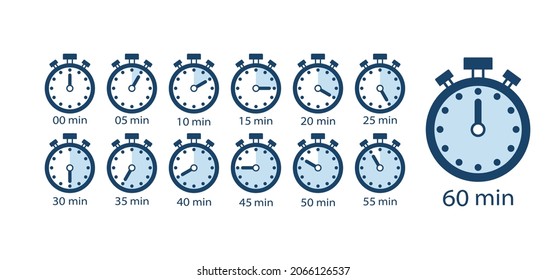 Tiempo de cocción, juego de iconos de contador de tiempo de 5 minutos a 1 hora. Ilustración del vector de reloj de cronómetro de Stopwatch Fondo blanco aislado