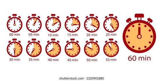 Cooking time, set of time counter icons from 5 minutes to 1 hour. Stopwatch Timer Clock Vector Illustration Isolated