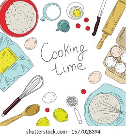 The cooking time! Table with the products for baking the pie, top view. Hand-drawn illustration.