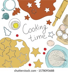 Cooking time! Table with products for baking cookies, top view. Hand-drawn illustration.