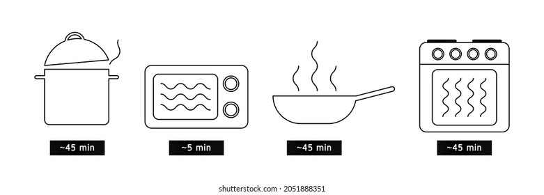 Cooking time vector icon. Meal Timer logo design. 5 minutes in boiling saucepan, fry pan,  microwave watt and oven cooker.  Instructions for packaging food products. Different types of cook.