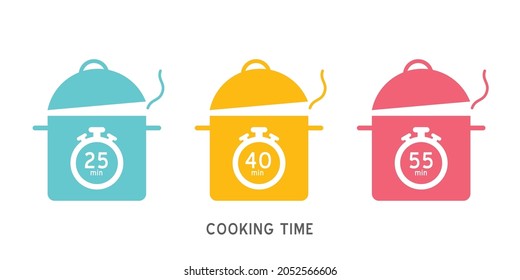 Cooking time vector icon. Meal Timer logo design. 5 minutes cook in boiling saucepan, fry pan,  microwave watt and oven cooker.  Instructions for packaging food products. Isolated elements.