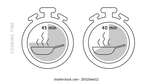 Cooking time vector icon. Meal Timer logo design. 5 minutes cook in boiling saucepan, fry pan,  microwave watt and oven cooker.  Instructions for packaging food products. Isolated elements.