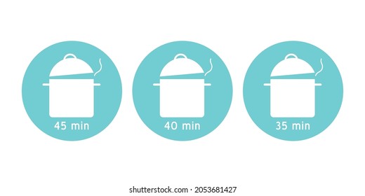 Cooking time vector icon. Meal Timer logo design. 5 minutes cook in boiling saucepan, fry pan,  microwave watt and oven cooker.  Instructions for packaging food products. Isolated elements.