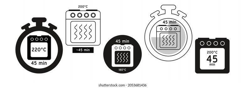 Cooking time vector icon. Meal Timer logo design. 5 minutes in boiling saucepan, fry pan,  microwave watt and oven cooker.  Instructions for packaging food products. Different types of cook.