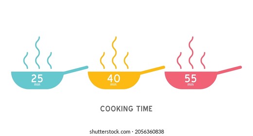 Cooking time vector icon. Meal Timer logo design. 5 minutes cook in boiling saucepan, fry pan,  microwave watt and oven cooker.  Instructions for packaging food products. Isolated elements.