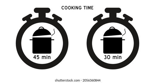 Cooking time vector icon. Meal Timer logo design. 5 minutes cook in boiling saucepan, fry pan,  microwave watt and oven cooker.  Instructions for packaging food products. Isolated elements.