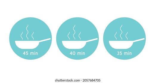 Cooking time vector icon. Meal Timer logo design. 5 minutes cook in boiling saucepan, fry pan,  microwave watt and oven cooker.  Instructions for packaging food products. Isolated elements.