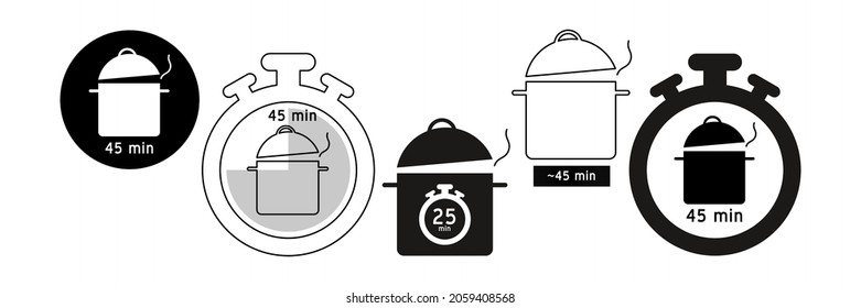 Cooking time vector icon. Meal Timer logo design. 5 minutes in boiling saucepan, fry pan,  microwave watt and oven cooker.  Instructions for packaging food products. Different types of cook.