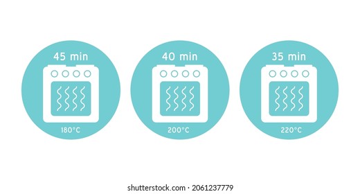 Icono del vector de tiempo de cocina. Diseño del logotipo del temporizador de la comida. 5 minutos de cocción en la cacerola hirviendo, sartén frita, microondas y horno.  Instrucciones para el envasado de productos alimenticios. Elementos aislados.