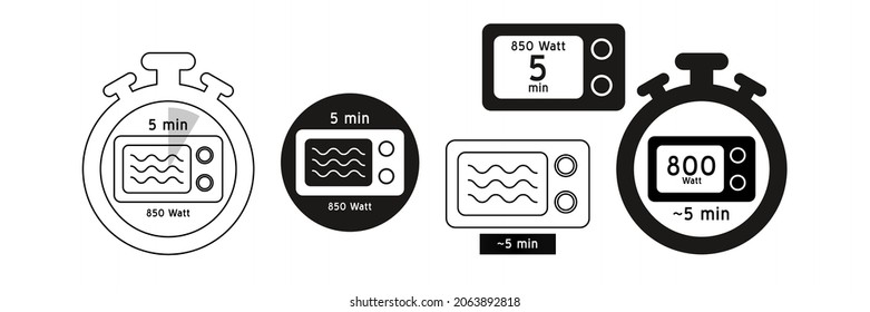 Icono del vector de tiempo de cocina. Diseño del logotipo del temporizador de la comida. 5 minutos en sartén hervidor, sartén frito, microondas y horno.  Instrucciones para el envasado de productos alimenticios. Diferentes tipos de cocinas.