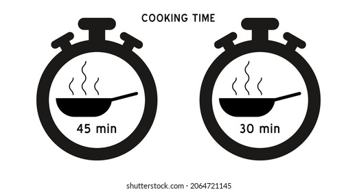 Cooking time vector icon. Meal Timer logo design. 5 minutes cook in boiling saucepan, fry pan,  microwave watt and oven cooker.  Instructions for packaging food products. Isolated elements.