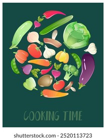 Tempo de cozimento. legumes, forma redonda. Veggies vetor elementos coloridos no fundo verde. Alimentos orgânicos, eco-produtos naturais. Cartão quadrado para banner, cartaz, menu, mídia social, web design