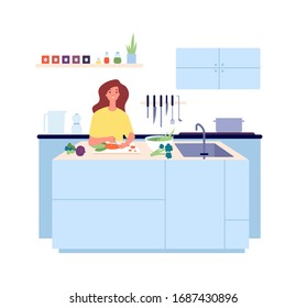 Cooking time. Vegetarian food, woman cooking vegetable salad. Kitchen or dining room, happy girl on diet vector illustration