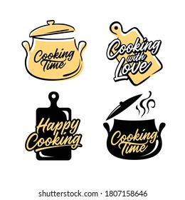 Tiempo de cocina. Ilustración vectorial vintage. herramientas de cocina. Conjunto de vectores de etiquetas de citas de cocina.