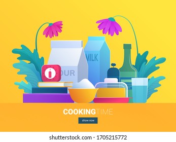 Cooking time web concept. Food ingredients set for baking. Flour, milk, butter, water, cookbooks and timer elements in flat style. Home cooking and baking composition vector illustration.