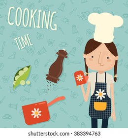 Cooking time. Woman and kitchen stuff. Vector illustration