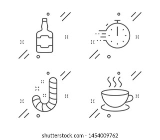 Cooking timer, Candy and Whiskey bottle line icons set. Cappuccino sign. Stopwatch, Lollypop, Scotch alcohol. Espresso cup. Food and drink set. Line cooking timer outline icon. Vector