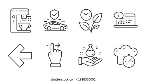 Temporizador de cocina, laboratorio de química e iconos de línea de seguro de transporte. Cafetera, documentación en línea y señalización con flecha izquierda. Gesto de pantalla táctil, deja símbolos. Iconos de línea de calidad. Vector