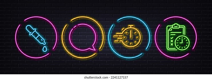 Temporizador de cocina, pipeta química y burbuja de voz iconos mínimos de línea. Luces 3d láser neón. Iconos de tiempo de examen. Para web, aplicación, impresión. Stopwatch, Laboratory, Chat message. Lista de verificación. Vector