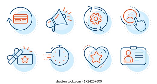 Cooking timer, Megaphone and Id card signs. Cogwheel, Ranking star and Loyalty gift line icons set. Dislike, Refund commission symbols. Engineering tool, Love rank. Technology set. Vector