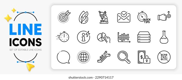 Cooking-Timer, Pie-Diagramm und Server-Line-Symbole für App sind Drag Drop, Private Payment, Qr-Code-Umriss Thin-Icon. Zielzweck, hypoallergen getestet, Piktogramm des Chemielabors. Vektorgrafik