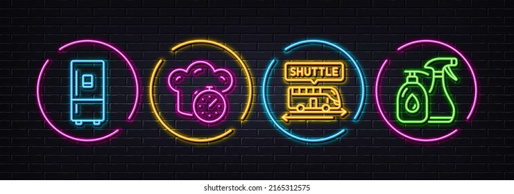 Cooking Timer, Shuttle Bus And Refrigerator Minimal Line Icons. Neon Laser 3d Lights. Cleaning Liquids Icons. For Web, Application, Printing. Stopwatch, Terminal Transfer, Fridge Ice Maker. Vector