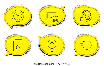 Signo del temporizador de cocina. Certificado de diploma, salva las burbujas de chat del planeta. Cargar archivo, cambio de hora y conjunto de iconos de línea de deslizar. Cargar el documento, Reloj, página Desplazamiento. Deténganse. Conjunto de tecnología. Vector