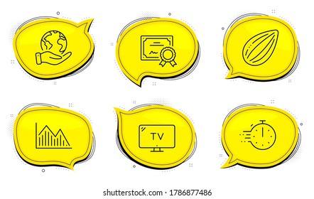 Cooking timer sign. Diploma certificate, save planet chat bubbles. Investment graph, Tv and Almond nut line icons set. Investment infochart, Television, Vegetarian food. Stopwatch. Vector