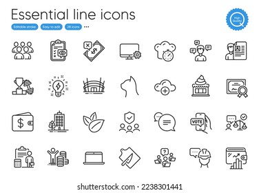 Cooking timer, Wallet and Certificate line icons. Collection of Dumbbell, Accounting, Eye checklist icons. Rejected payment, Teamwork question, Laptop web elements. Arena stadium. Vector - Shutterstock ID 2238301441