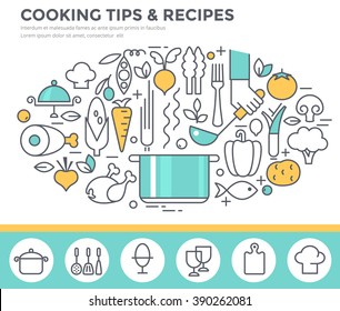 Cooking tips and recipes concept illustration, thin line flat design