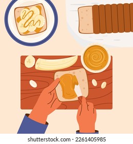 Cooking toast with peanut butter, point of view. Couple hands cooks a sandwich for breakfast. Peanut butter lovers. Making food on the kitchen table. Flat vector illustration