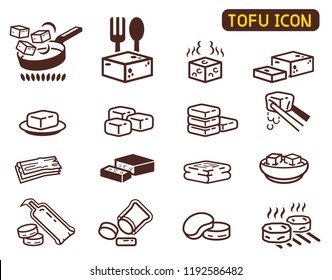 Cooking Tofu icon collection. Asian Cuisine ingredient. Soy milk processing.  