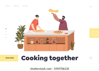 Cooking together concept of landing page with couple preparing pizza at home in kitchen. Young family man and woman make italian dinner for holiday or celebration. Cartoon flat vector illustration