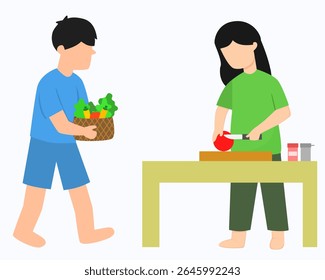 cooking together. husband help her wife cooking. man with a basket of vegetables, woman cutting a tomato using a knife.