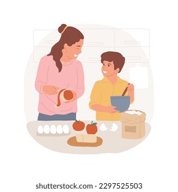 Cooking together isolated cartoon vector illustration. Mom and son cooking together, mother and child at kitchen, teamwork with parent, family preparing food and smiling vector cartoon.