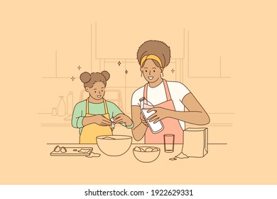 Cooking together and spending time with children concept. Young smiling beautiful African American woman mother and her daughter cooking in kitchen together mixing ingredients vector illustration 