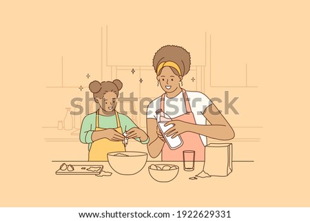 Cooking together and spending time with children concept. Young smiling beautiful African American woman mother and her daughter cooking in kitchen together mixing ingredients vector illustration 